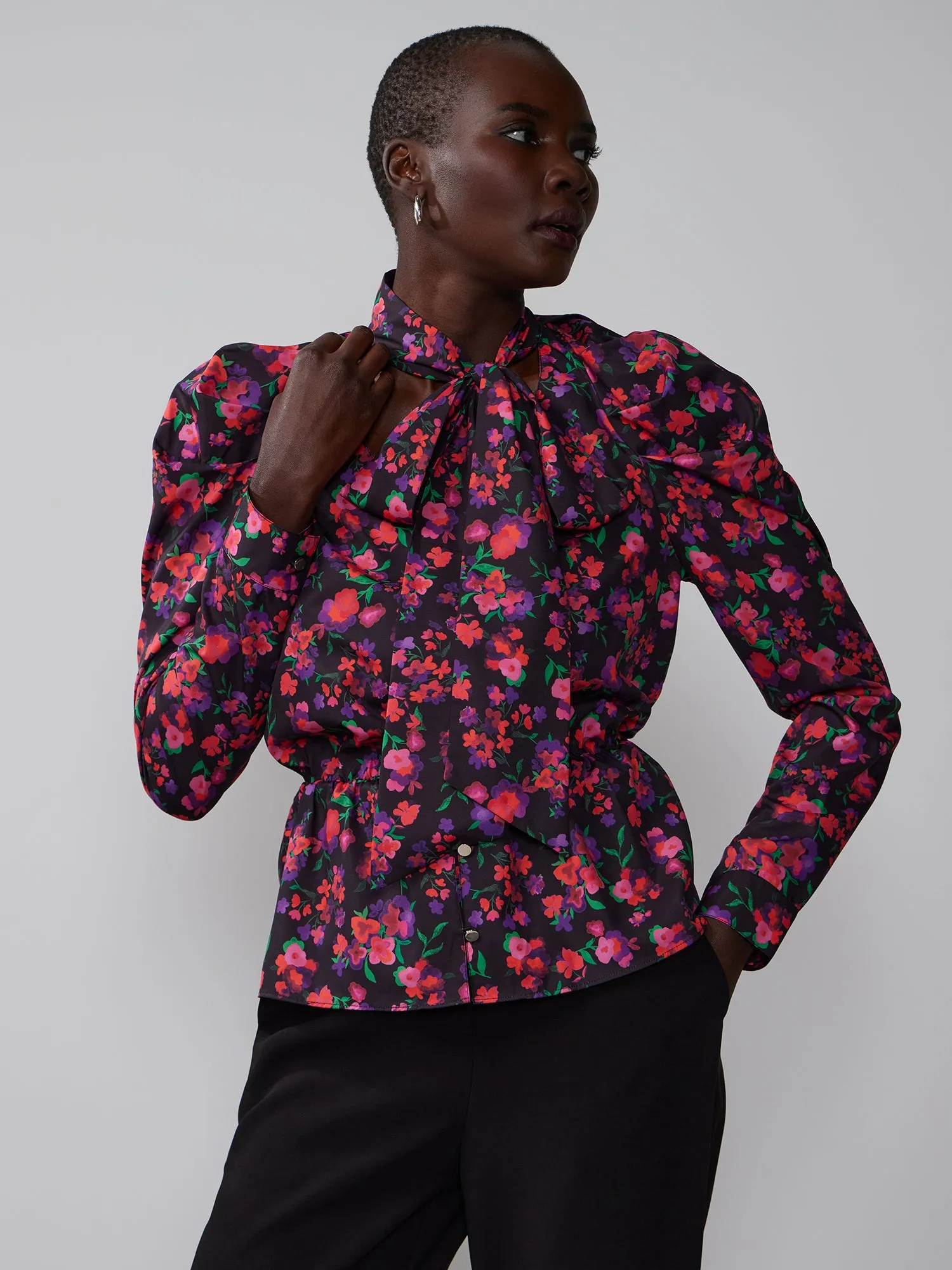 Tie Neck Puff Sleeve Floral Top