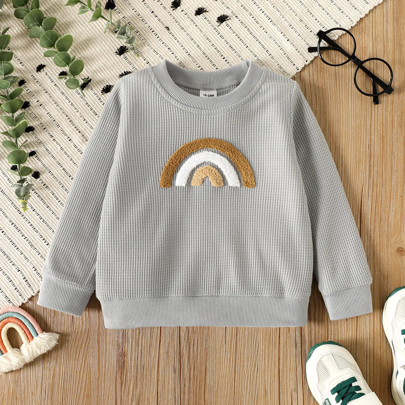 Toddler Girl/Boy Rainbow Embroidered Waffle Sweatshirt