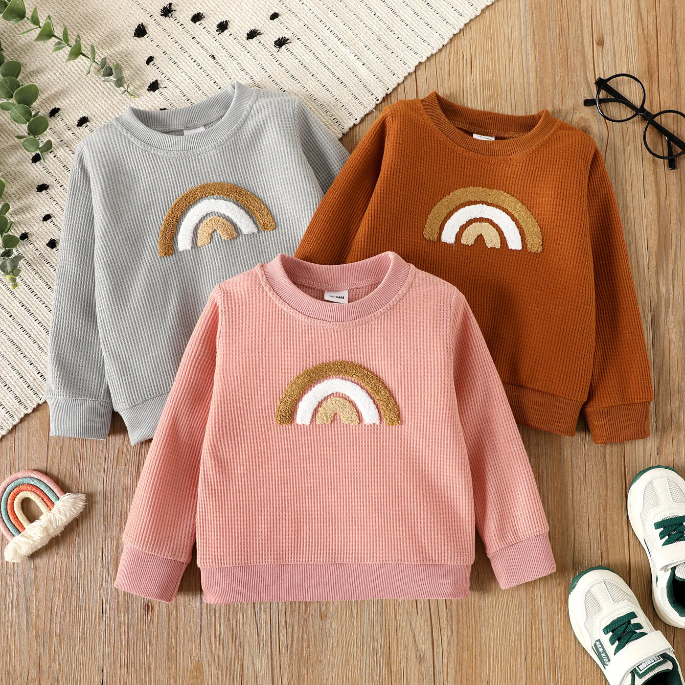 Toddler Girl/Boy Rainbow Embroidered Waffle Sweatshirt
