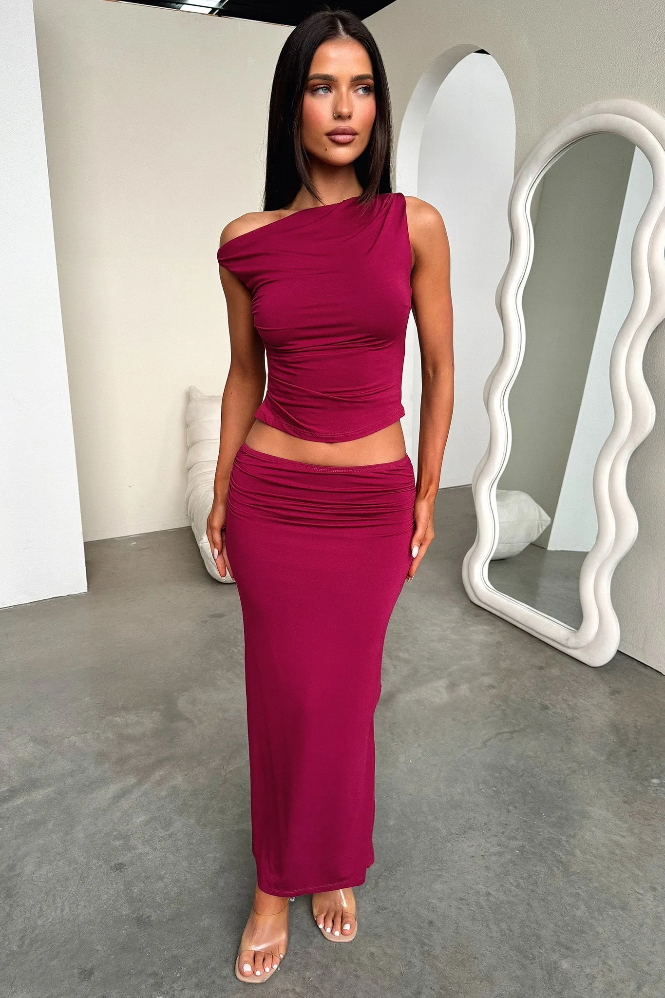 Vamika Off Shoulder Ruched Top - Burgundy