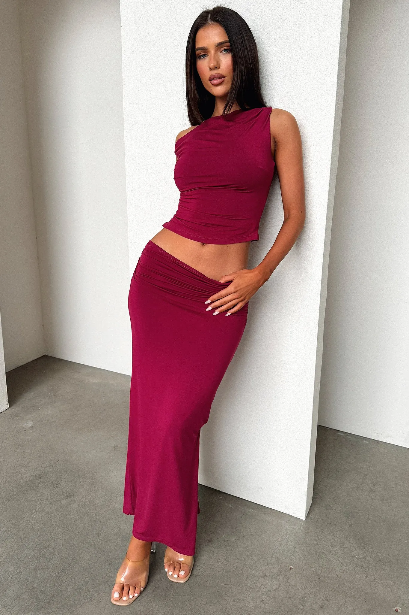 Vamika Off Shoulder Ruched Top - Burgundy