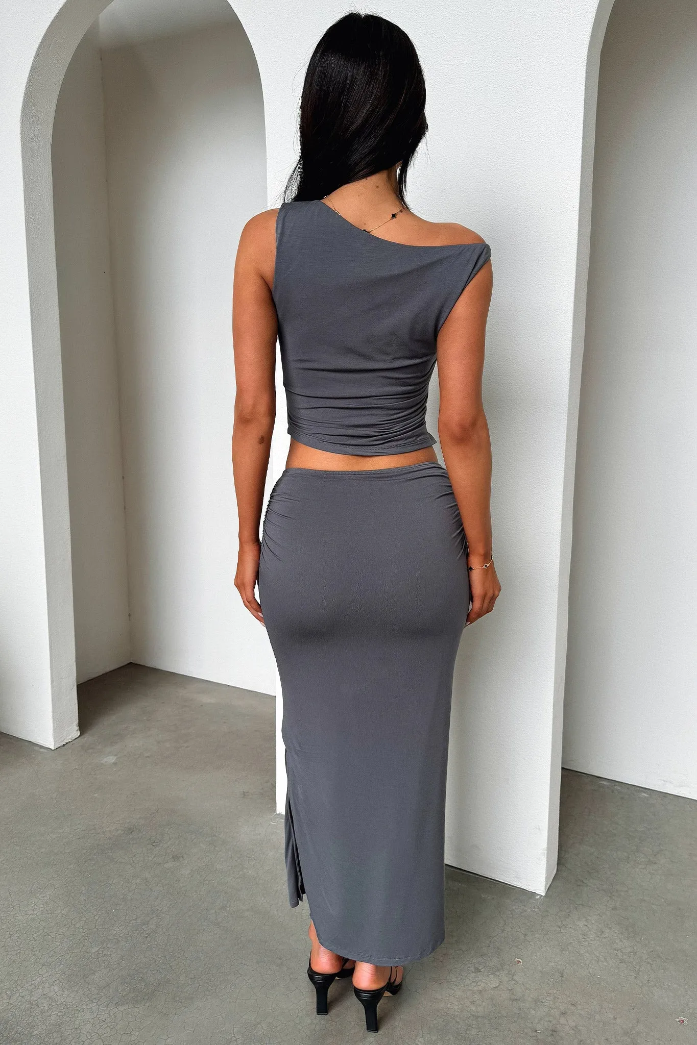 Vamika Off Shoulder Ruched Top - Charcoal