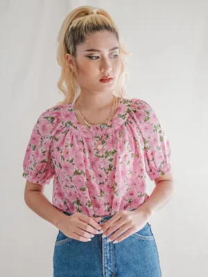 Vintage Chiffon White-Blue Floral Print Knot Tie Crop Blouse