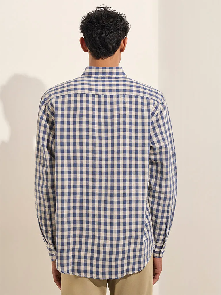 WES Casuals Navy Checks Print Relaxed-Fit Cotton Shirt