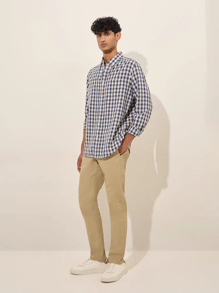 WES Casuals Navy Checks Print Relaxed-Fit Cotton Shirt