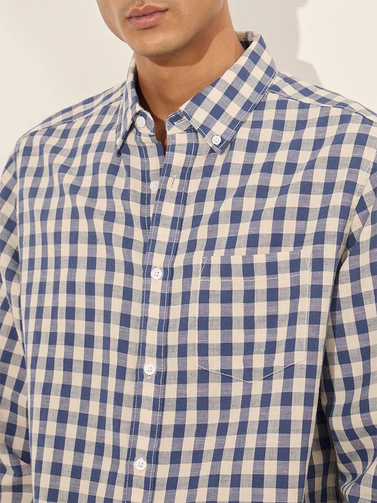 WES Casuals Navy Checks Print Relaxed-Fit Cotton Shirt