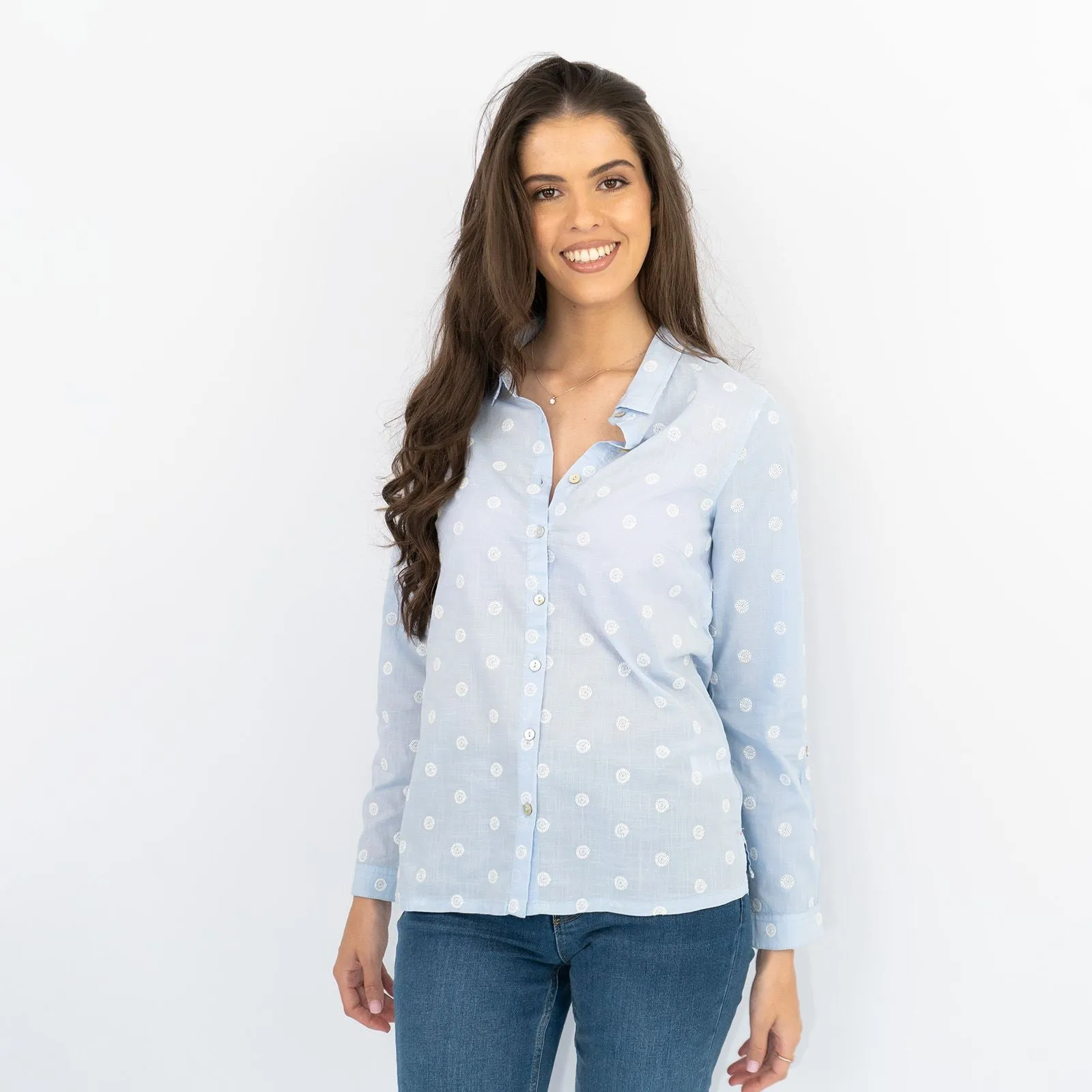 White Stuff Long Sleeve Relaxed Fit Button-Up Lightweight Cotton Blue Embroidered Shirts