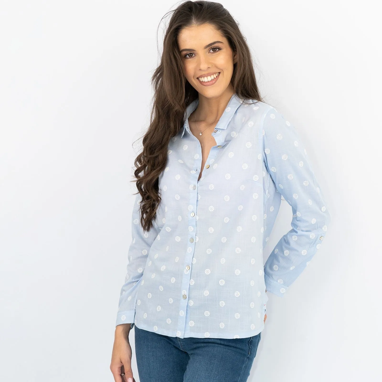 White Stuff Long Sleeve Relaxed Fit Button-Up Lightweight Cotton Blue Embroidered Shirts