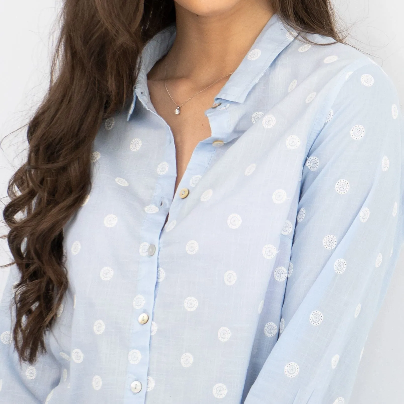 White Stuff Long Sleeve Relaxed Fit Button-Up Lightweight Cotton Blue Embroidered Shirts