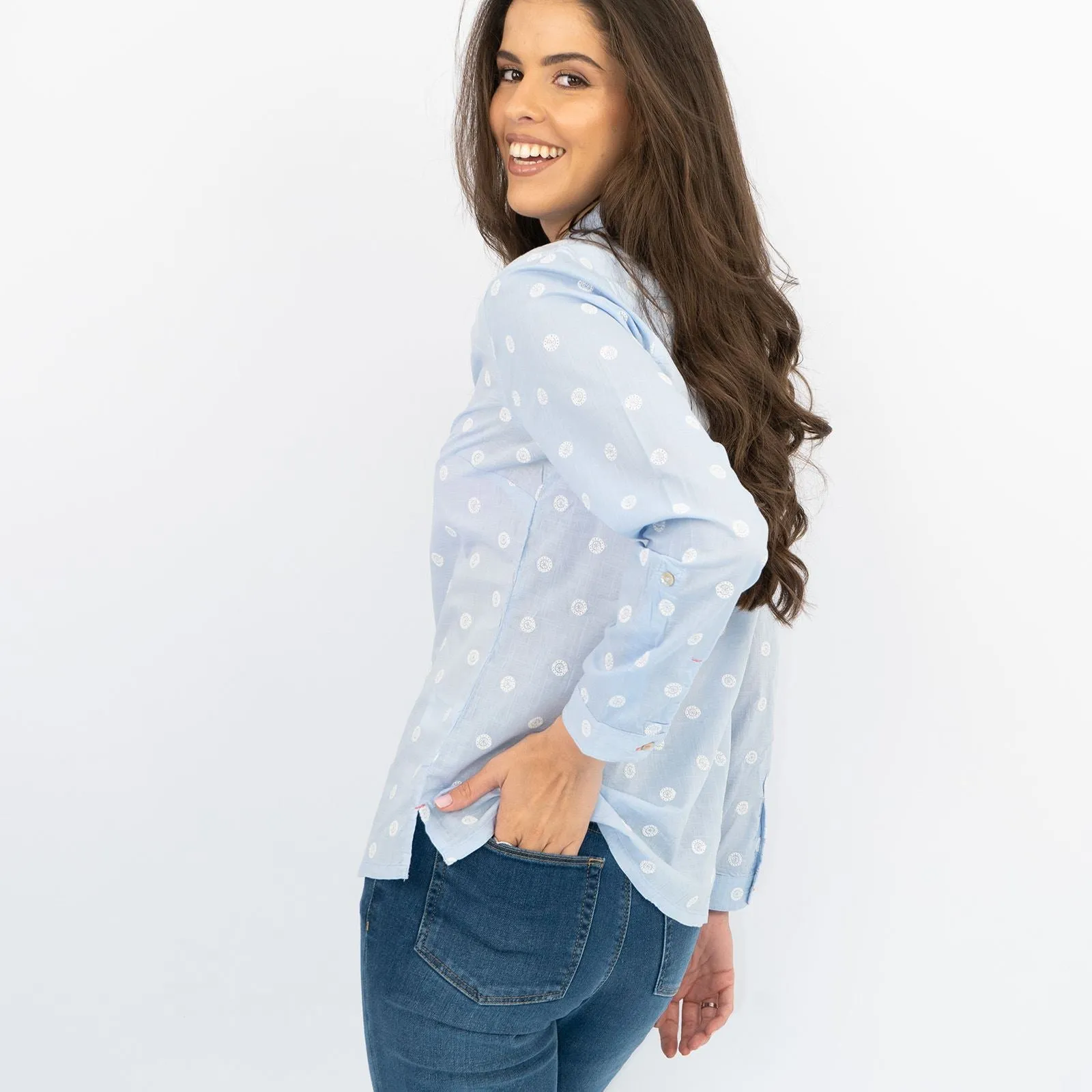 White Stuff Long Sleeve Relaxed Fit Button-Up Lightweight Cotton Blue Embroidered Shirts