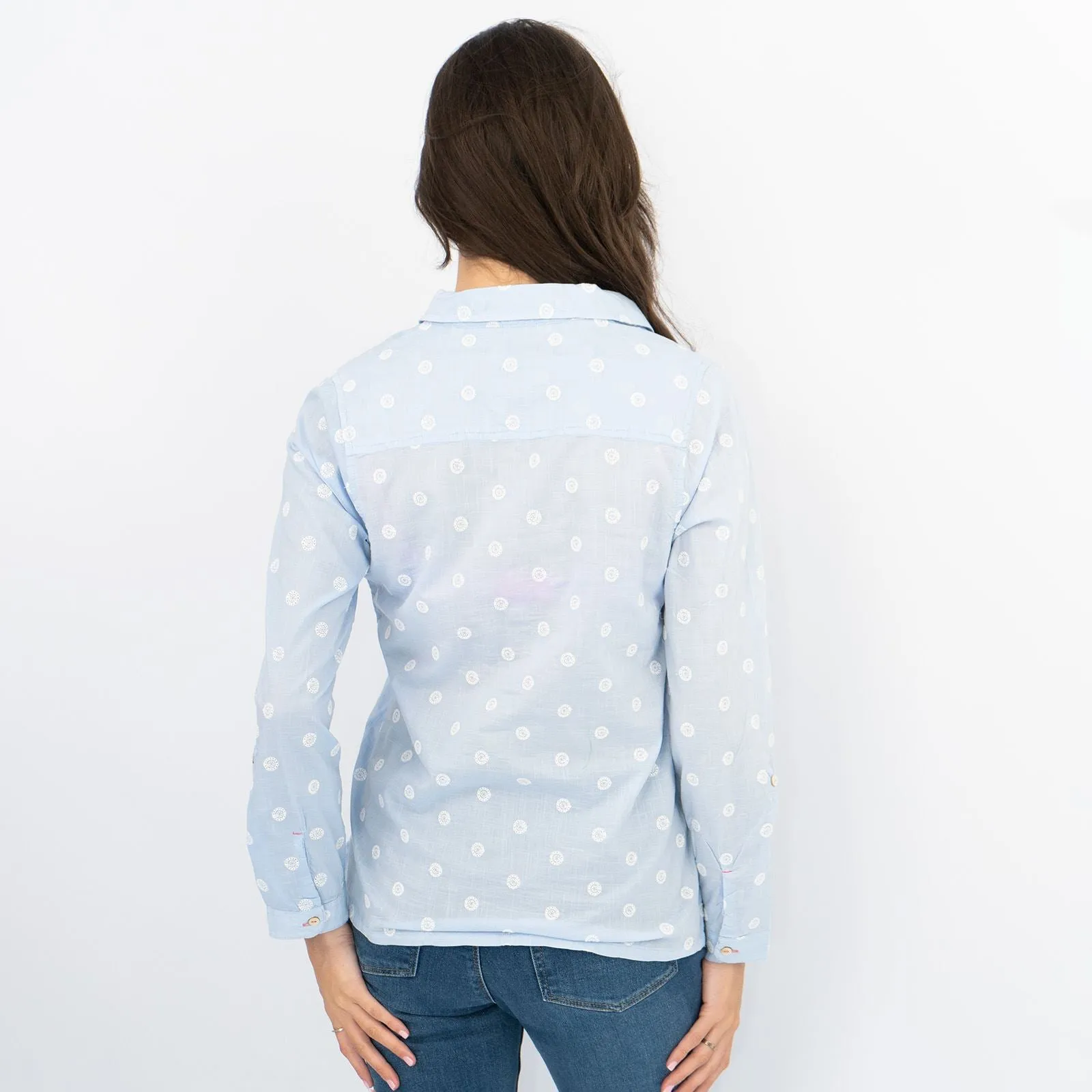 White Stuff Long Sleeve Relaxed Fit Button-Up Lightweight Cotton Blue Embroidered Shirts