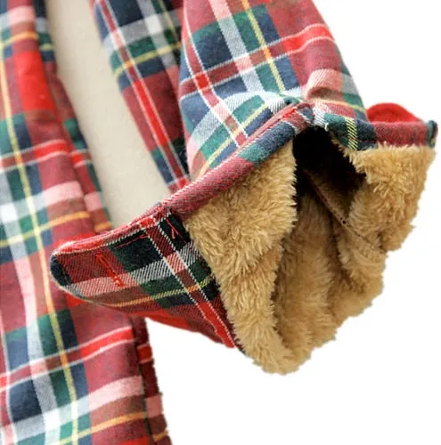 Women Winter Keep Warm Cotton Plaid Blouse Fashion Long Sleeve Turn-down Collar Pocket Velvet Shirt