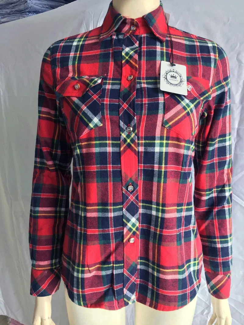 Women Winter Keep Warm Cotton Plaid Blouse Fashion Long Sleeve Turn-down Collar Pocket Velvet Shirt