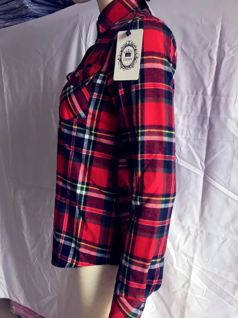 Women Winter Keep Warm Cotton Plaid Blouse Fashion Long Sleeve Turn-down Collar Pocket Velvet Shirt