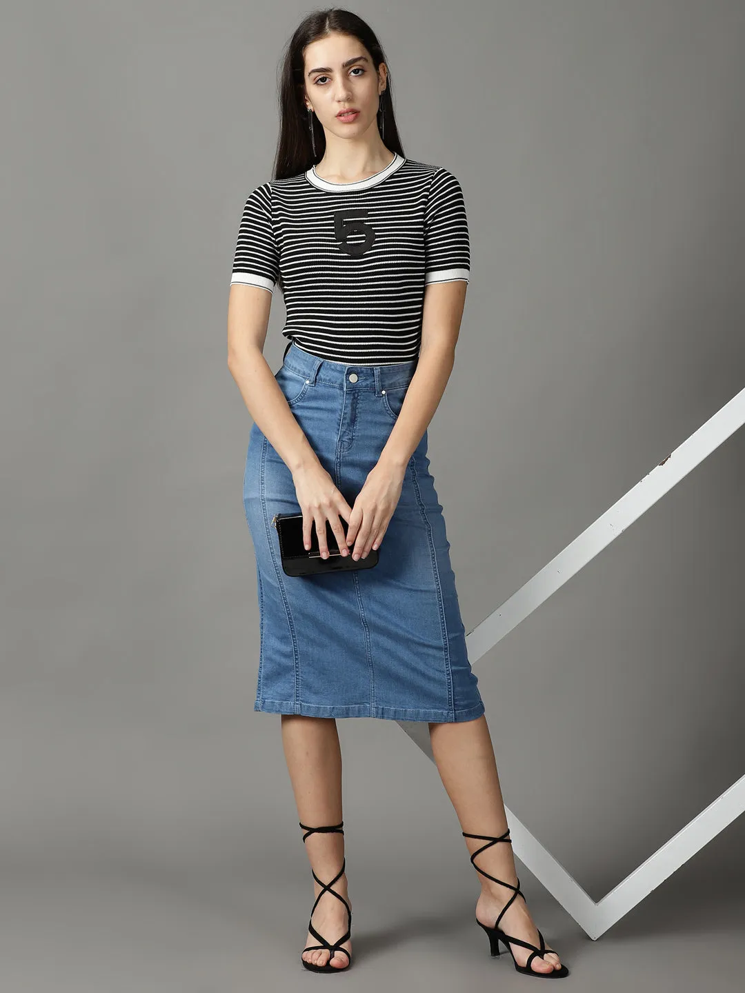 Women's Black Striped Fitted Top
