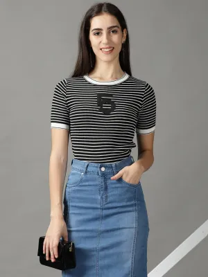 Women's Black Striped Fitted Top