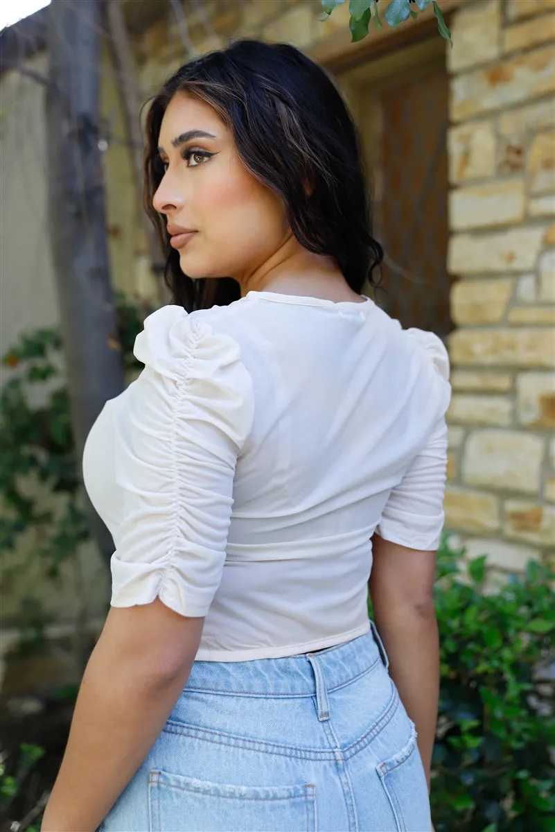 Women's Mesh Button Up Self-tie Detail Ruched Short Sleeve Crop Top