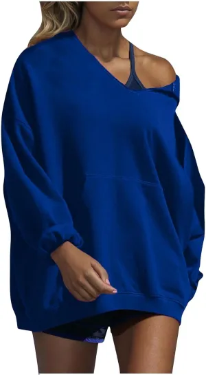 Womens Oversized Hoodies V Neck Sweatshirts Solid Long Sleeve Pullover Casual Fall Clothes 2024 Trendy Hooded Top